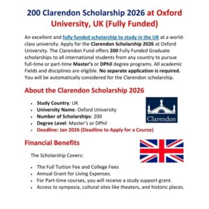 Clarendon Scholarship 2026 at Oxford University, UK (Fully Funded)